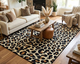 Alfombra lavable con estampado de leopardo para salas de estar maximalistas y decoración del hogar con temática animal.
