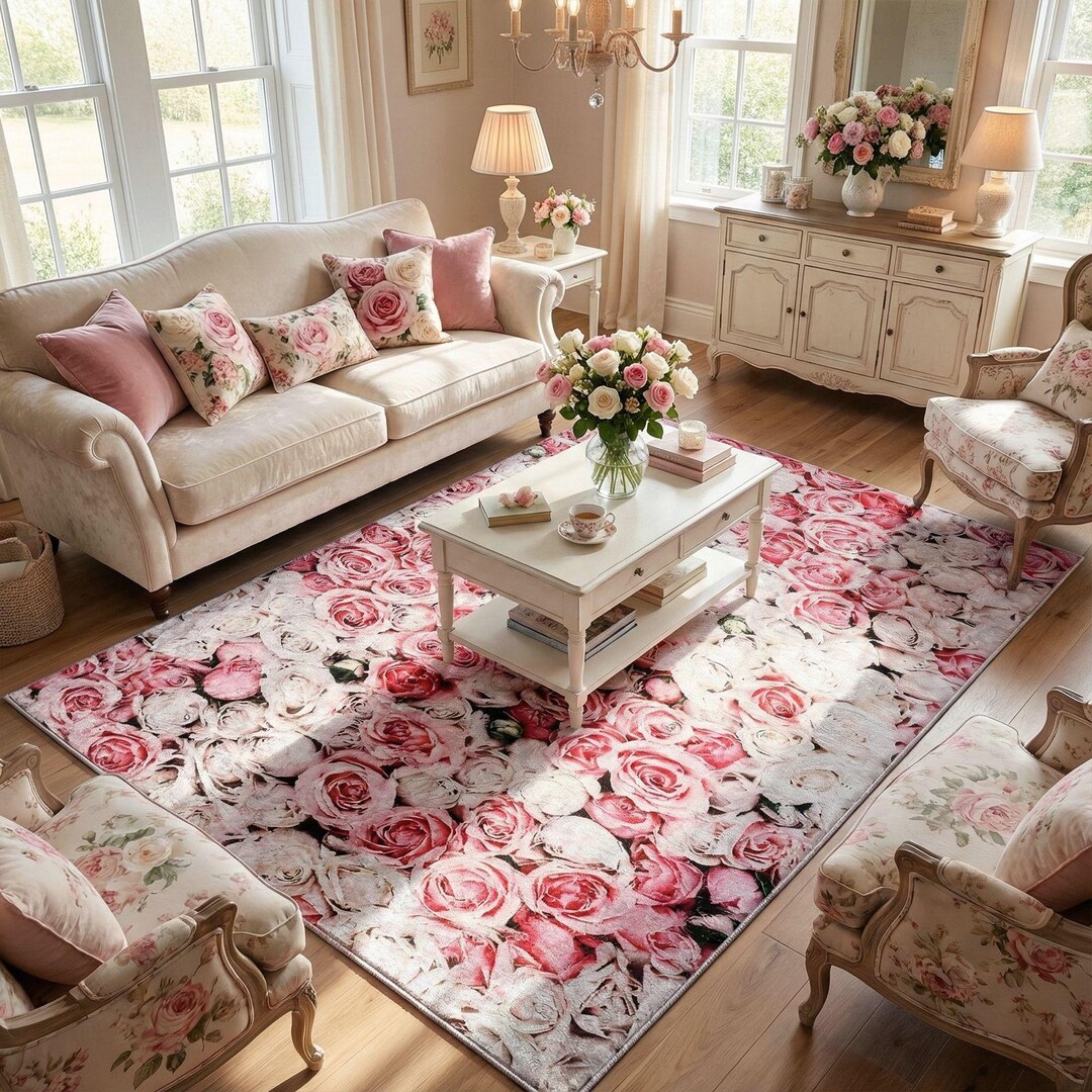 Machine Washable Romantic Shabby Chic Pink Rose Floral Area Rug - Etsy