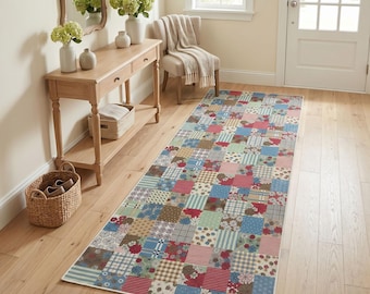 Tappeto passatoia vintage patchwork floreale antiscivolo con texture kilim