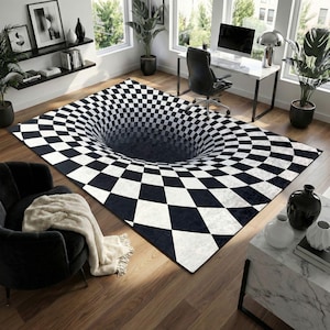 Peut inclure: Un tapis rectangulaire présentant un motif à damier noir et blanc créant une illusion d'optique tridimensionnelle d'un trou circulaire profond et sombre au centre. Le design utilise des carrés déformés pour simuler la profondeur et un effet de vide.