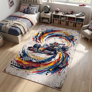 May include: A rectangular area rug featuring a Formula 1 race car design. The rug has a distressed, off-white background with a colorful swirl of red, yellow, blue, and black. The race car is depicted in detail, with a focus on speed and motion.