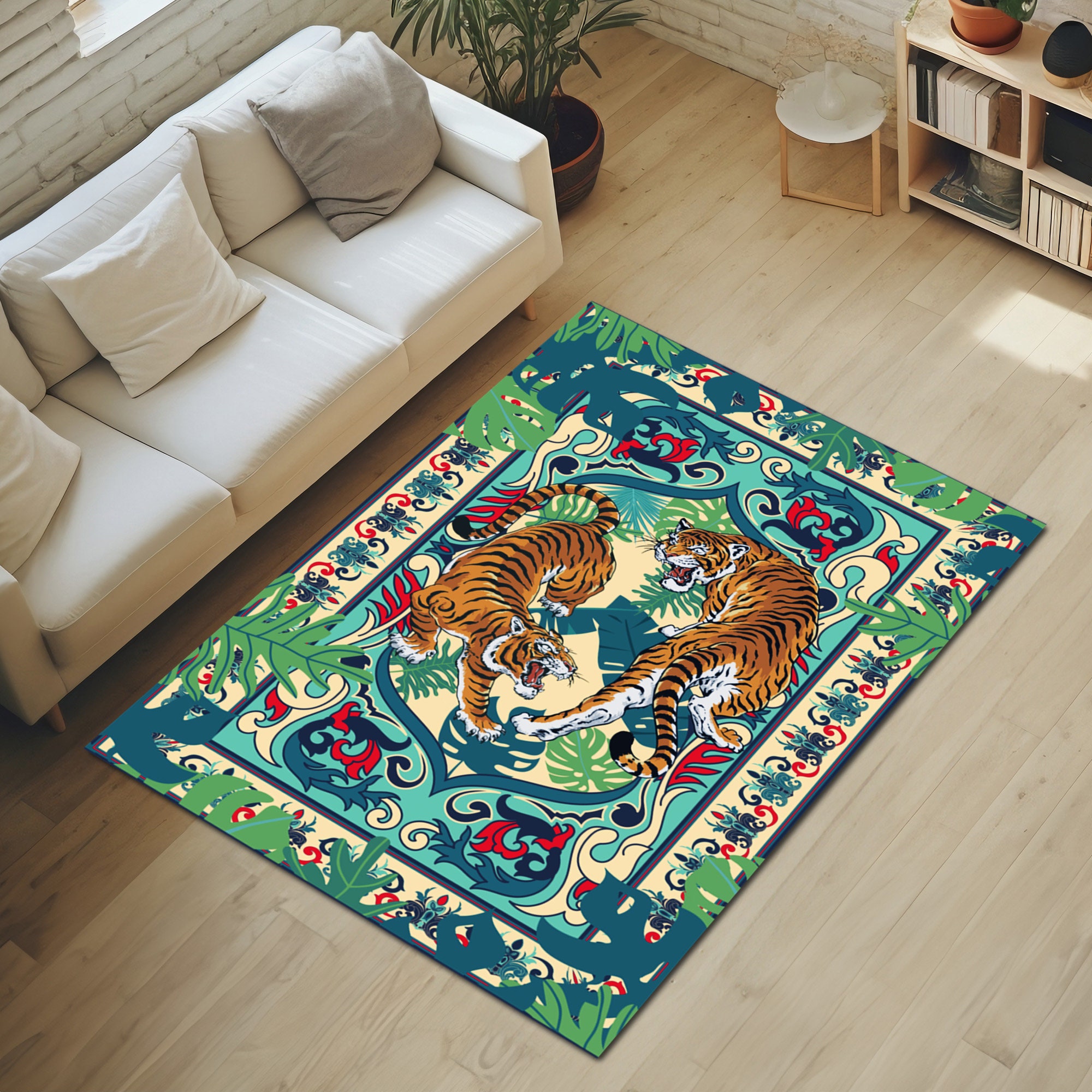 Vibrant Bengal Tiger Persian Design Area Rug; Two Majestic