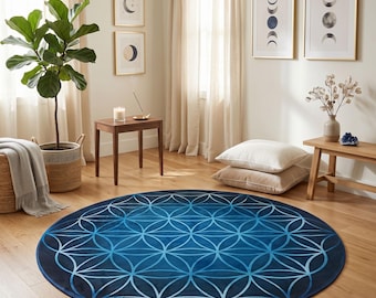 Tappeto rotondo "Fiore della Vita" blu notte, con retro antiscivolo (opzione disponibile).