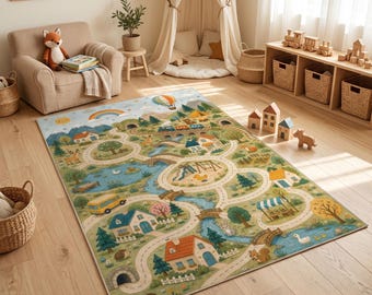 Tappeto lavabile con mappa di Happy Town Adventure, con retro antiscivolo.