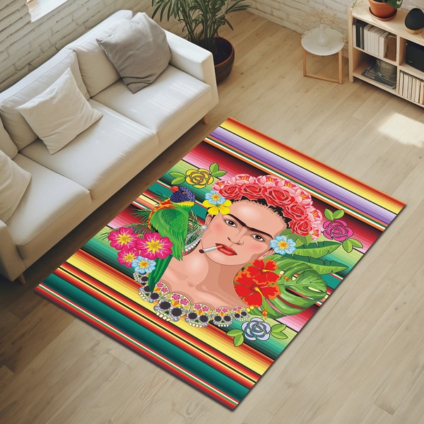 Vibrant Frida Kahlo Floral Exotic Portrait Printed Area Rug ; Machine Washable  Colorful Mat for Bedroom; Unique Gift for Frida Kahlo Lovers