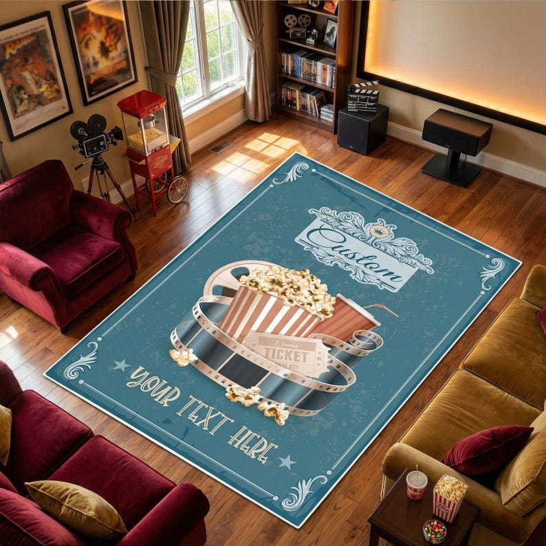 Puede incluir: Una alfombra rectangular azul con un tema de cine vintage. La alfombra presenta una cubeta de palomitas de ma&iacute;z, un vaso de bebida, una bobina de pel&iacute;cula y un boleto. Tambi&eacute;n se muestran las palabras "Custom" y "Your Text Here".