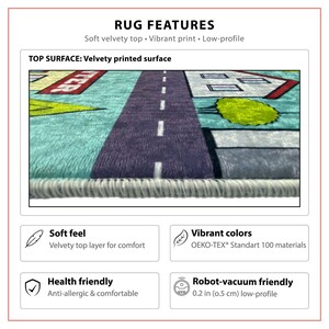 Puede incluir: Una alfombra de perfil bajo con una superficie estampada aterciopelada. La alfombra presenta un dise&ntilde;o de carretera con edificios y una zona verde. La alfombra es suave, saludable y apta para aspiradoras robot.