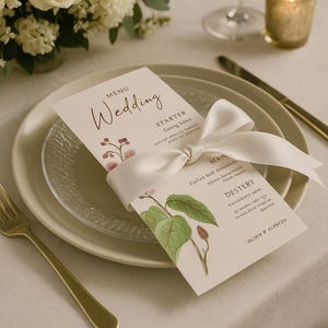 Sjabloon bruiloftsdinermenu, direct downloaden, modern botanisch menu, in A4-formaat: 21 x 29,7 cm en trouwkaartformaat 10 x 21 cm, bewerkbaar canvas