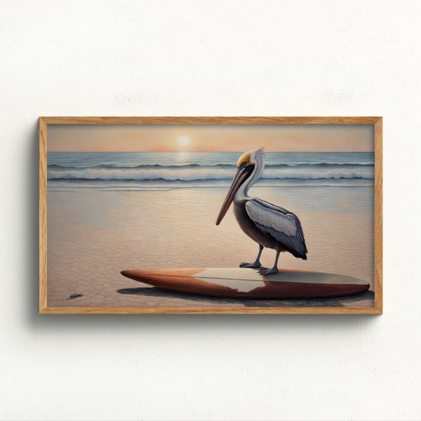 Frame TV Art Digital Download | Surfer Dude | Farmhouse Art for TV | Samsung Frame TV Bird Art | Textured Sunset Pelican on an Old Surfboard