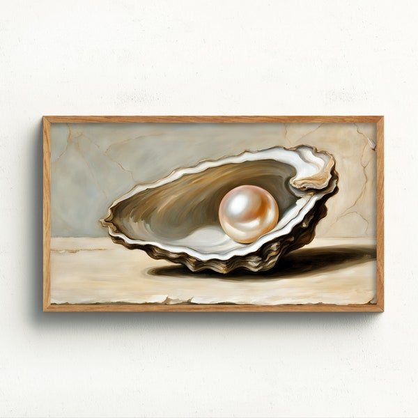 Frame TV Art Digital Download | A Pearl in an Oyster Shell | Rustic Nautical Farmhouse Art for TV | Samsung Frame TV Art | Neutral Colours