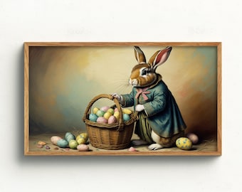 Frame TV Art Digital Download | Easter Rabbit | Rustic Farmhouse Art for TV | Samsung Frame TV Art | Easter Bunny with Basket of Easter Eggs