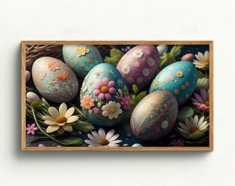 Frame TV Art Digital Download | Boho Easter Eggs | Farmhouse Art for TV | Samsung Frame TV Art | Painted Craft Style Easter Eggs and Flowers