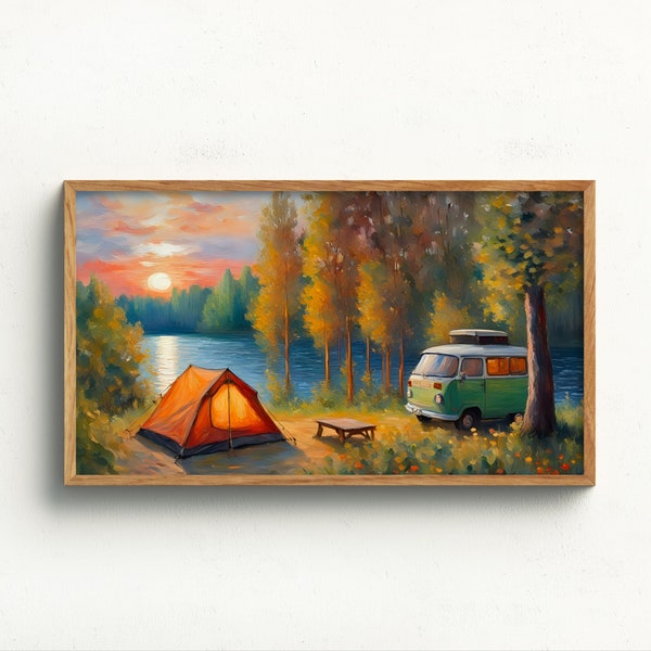 Frame TV Art Digital Download | Camping in the Woods with Campervan | Farmhouse Art for TV | Samsung Frame TV Art | Camping by lake, sunset