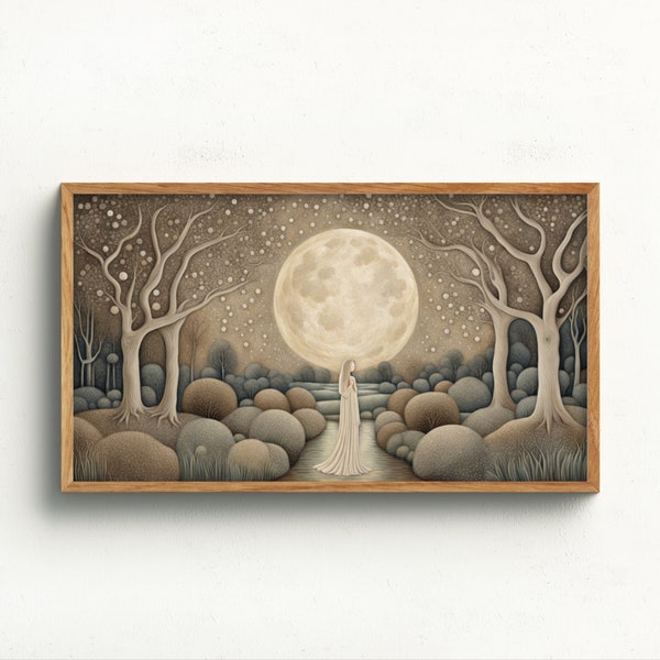 Frame TV Art Digital Download | Girl in a Park with Big Full Moon | Farmhouse Art for TV | Samsung Frame TV Art | Atmospheric Moonlit Night