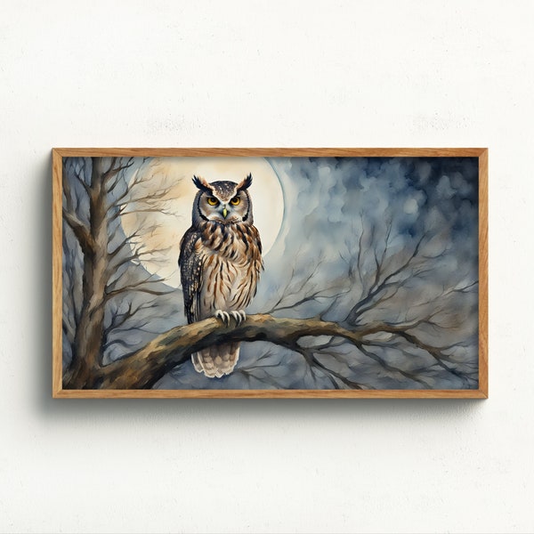 Frame TV Art Digital Download | Owl in Moonlight | Rustic Farmhouse Art for TV | Samsung Frame TV Art | Watercolour Owl in a Tree at Night
