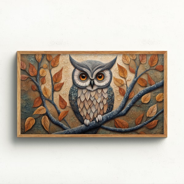 Frame TV Art Digital Download | The Little Grey Owl | Rustic Farmhouse Art for TV | Samsung Frame TV Bird Art | Textured Grey Owl in a Tree