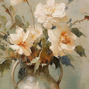 May include: A vintage-style painting of a ceramic pitcher with a wide mouth and a handle, surrounded by delicate white and cream-colored flowers. The flowers are painted in a soft, romantic style, with a focus on their petals and textures.