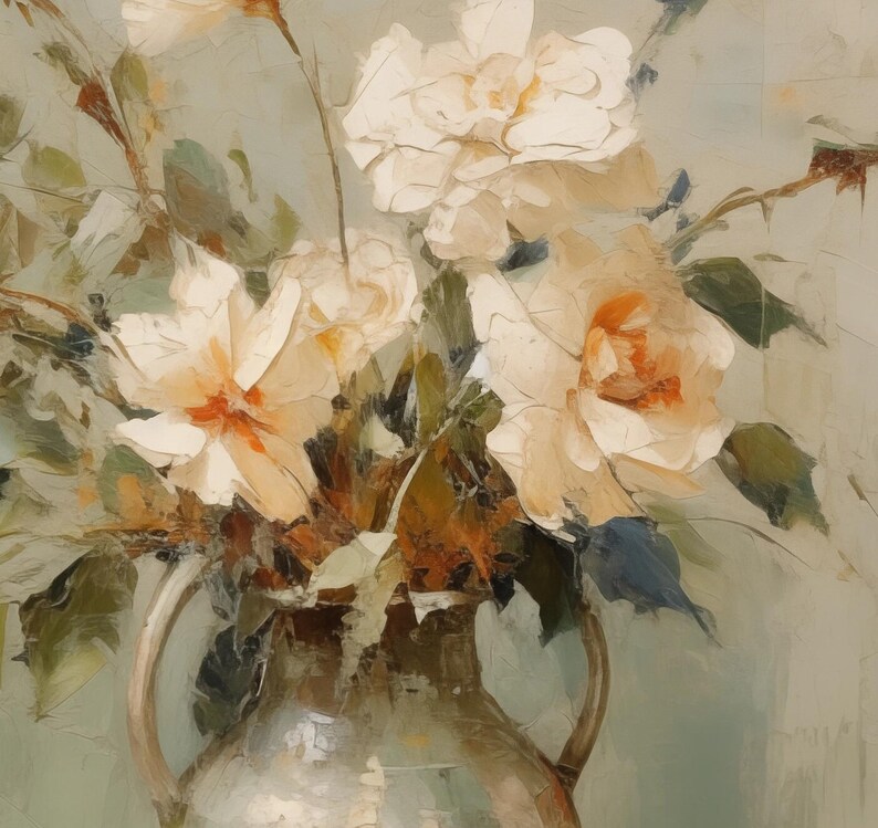 May include: A vintage-style painting of a ceramic pitcher with a wide mouth and a handle, surrounded by delicate white and cream-colored flowers. The flowers are painted in a soft, romantic style, with a focus on their petals and textures.