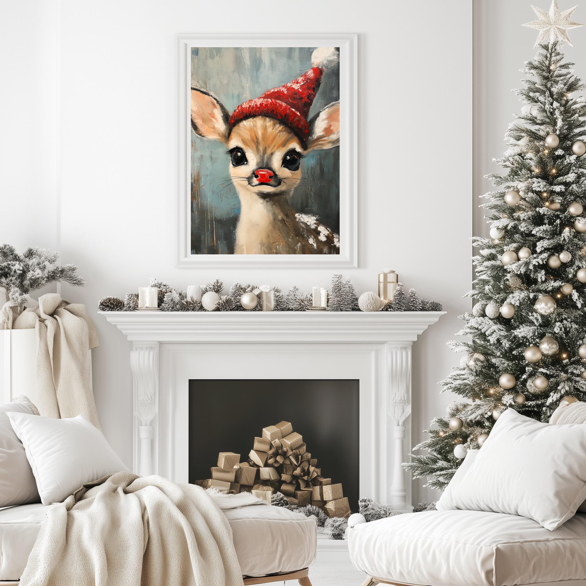 Christmas Fawn Printable Art, Cute Baby Deer in Santa Hat & Red Nose ...