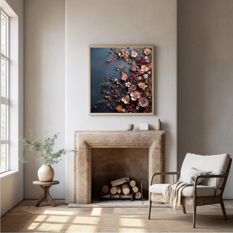 May include: A framed print of a floral arrangement with pink, red, and brown flowers against a dark blue background.