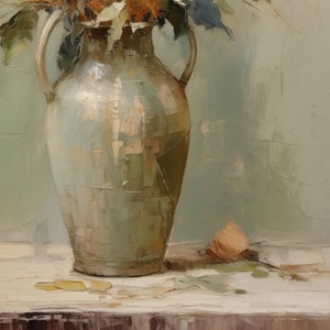 May include: A large, light brown ceramic vase with a wide mouth and a narrow base. The vase is filled with dried flowers and leaves. The vase is sitting on a light brown wooden table.