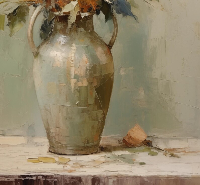 May include: A large, light brown ceramic vase with a wide mouth and a narrow base. The vase is filled with dried flowers and leaves. The vase is sitting on a light brown wooden table.