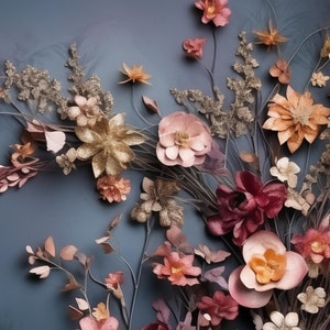 May include: A floral arrangement featuring a variety of flowers in shades of pink, brown, and gold. The flowers are arranged in a loose, natural style, and the overall effect is romantic and whimsical.