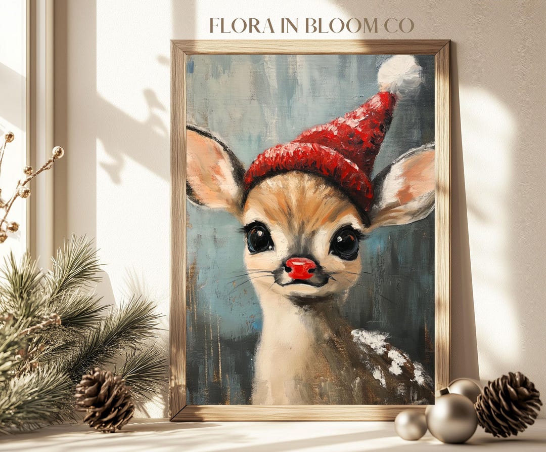 Christmas Fawn Printable Art, Cute Baby Deer in Santa Hat & Red Nose ...
