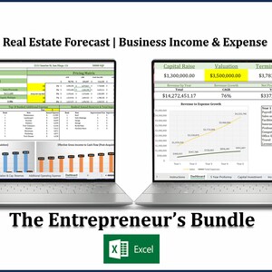 May include: A laptop computer displaying a spreadsheet with a real estate forecast for a multi-family property. The spreadsheet includes a business income and expense analysis, with data on capital raise, valuation, terminal value, revenue to expense growth, and ranked expenses. The spreadsheet is titled "Real Estate Forecast | Business Income & Expense". The laptop is labeled "The Entrepreneur's Bundle" and has an Excel logo.