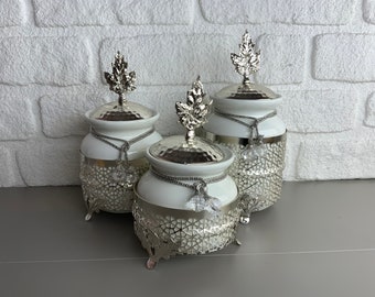 Silver Ceramic Set For Kitchen 3 Piece Glass Storage Jar Set