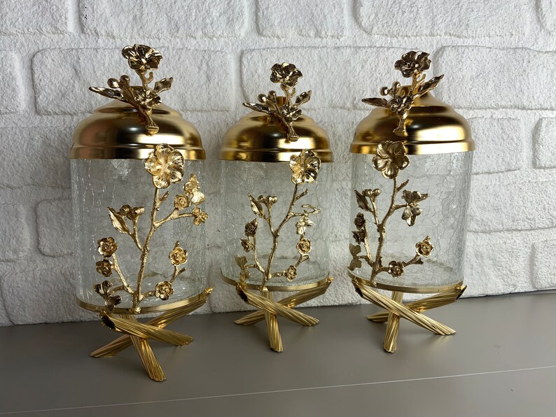 Gold Canister Set for Kitchen 3 Piece Glass Storage Jar Set - Etsy