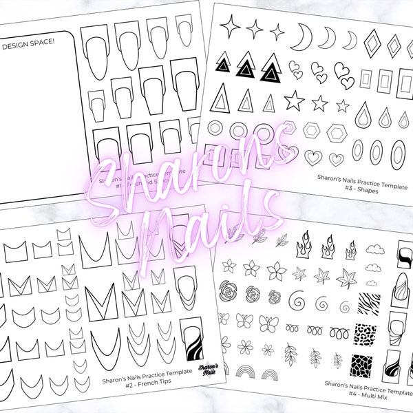 Sharon’s Nails Practice Templates 4 x A6 laminated practice sheets (Freehand Space, French Tips, Shapes & Multi Mix) with instructions.