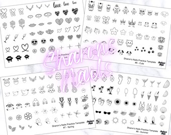 Sharon’s Nails Practice Templates 4 x A6 laminated practice sheets (Love, Cute, Spring & Summer) with instructions.