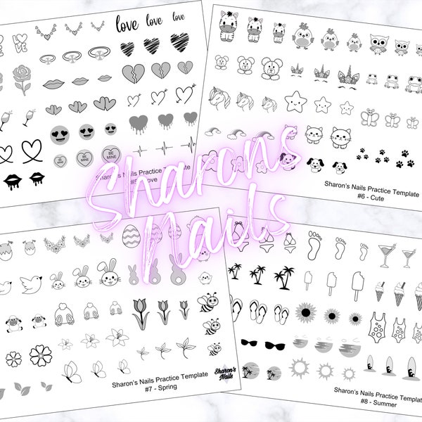 Sharon’s Nails Practice Templates 4 x A6 laminated practice sheets (Love, Cute, Spring & Summer) with instructions.