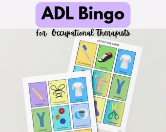 Può includere: Un gioco di bingo stampabile per terapisti occupazionali. Le carte mostrano immagini di oggetti di uso quotidiano come uno spazzolino da denti, una scarpa, una camicia, una matita, lacci, bottoni, una cerniera, delle forbici e un cucchiaio. Il testo "ADL Bingo per terapisti occupazionali" è in cima alla pagina. Il testo "RITAGLIA LE CARTE" è in cima alla carta del bingo.