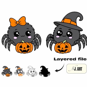 Kawaii Halloween Spider SVG – Layered Clipart with Witch Hat & Bow (Digital Download)
