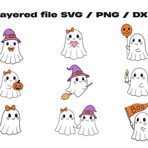 May include: A collection of nine cartoon ghost illustrations. Each ghost is white with a smiling face and various accessories, including hats, bows, a pumpkin, a heart, a candle, a broom, and a balloon. The text "Layered file SVG / PNG / DXF" is at the top.