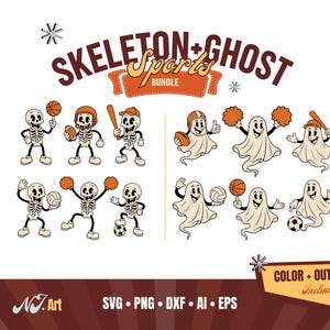以下が含まれることがあります： SKELETON+GHOST Sports BUNDLEというタイトルのデジタルグラフィックバンドル。バスケットボール、フットボール、野球などのスポーツをする漫画風の骸骨と幽霊が描かれており、オレンジ色のアクセントが特徴です。テキストラベルとファイル形式の表示が含まれています。