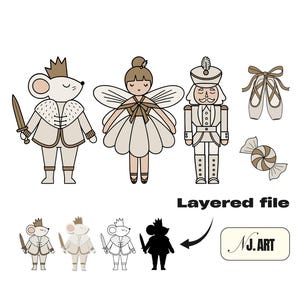 May include: Illustration of characters from The Nutcracker ballet, including a mouse king, fairy, and nutcracker soldier. Also shown are ballet shoes and a candy. The words "Layered file" and the artist's signature are also included.