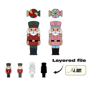 以下が含まれることがあります： 2つの玩具のくるみ割り人形のデジタルイラスト。1つは赤、もう1つはピンクで、上にはお揃いのキャンディーがあります。下には4つの小さなくるみ割り人形のバリエーションがあります。「Layered file」というテキストとアーティストのサインも表示されています。