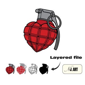 May include: A red heart-shaped grenade illustration with a gray top and ring. The image includes the text "Layered file" and several smaller grenade variations. The artist's signature is also present.