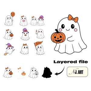 May include: A collection of cartoon ghost illustrations with Halloween themes. Ghosts are holding pumpkins, balloons, and signs. Some ghosts wear bows, hats, and carry brooms. The image includes the text "Layered file" and the "NJ.ART" logo.