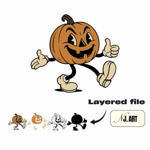 May include: A cartoon pumpkin character with a smiling face, wearing gloves and shoes, giving a thumbs-up. The pumpkin is orange with a dark brown stem. The image includes the text "Layered file" and the artist's name "NJ.ART".