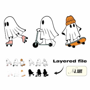 Halloween Ghost SVG Bundle – Skateboard, Scooter, Roller Skates (PNG DXF)