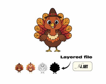 May include: A cartoon turkey illustration wearing a pilgrim hat, with a brown body, orange and red feathers, and a white background. The image includes the text "Layered file" and the artist's logo.