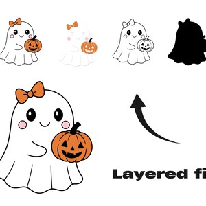 May include: A white cartoon ghost with an orange bow and a jack-o'-lantern. The image includes a black arrow and the text "Layered file". Additional variations of the ghost are also shown.
