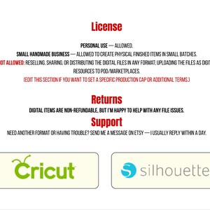 May include: White background with red text detailing license, returns, and support information. Includes the Cricut and Silhouette logos in green and blue, respectively, within rectangular boxes.