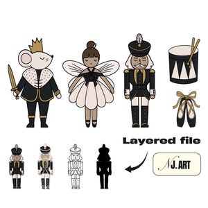 May include: Illustration of various Nutcracker-themed characters and objects. Includes a mouse king, fairy, nutcracker soldier, drum, and ballet shoes. The characters are in black, gold, and cream colors. The text "Layered file" and "NJ.ART" are also present.