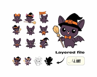 Kawaii Halloween Bat Clipart Bundle – Witch Bat (svg, png, dxf, ttf) Digital Files