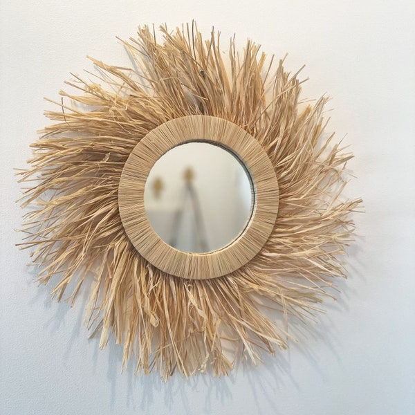 Miroir en Raphia Fait Main - Artisanat Marocain - Déco Bohème - Diamètre 12 cm